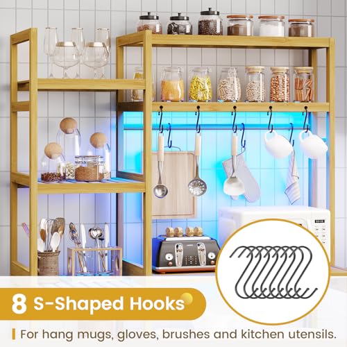 Bakers Rack with Power Outlet, Coffee Bar, 10-Tier Kitchen Shelves with 8 Hooks, Microwave Stand Kitchen Rack Freestanding Utility Storage Shelf, 15.7 x 41 x 65 Inches, Bamboo - Image 6