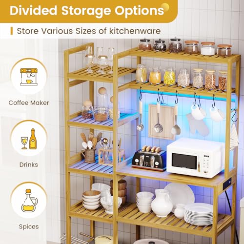 Bakers Rack with Power Outlet, Coffee Bar, 10-Tier Kitchen Shelves with 8 Hooks, Microwave Stand Kitchen Rack Freestanding Utility Storage Shelf, 15.7 x 41 x 65 Inches, Bamboo - Image 7
