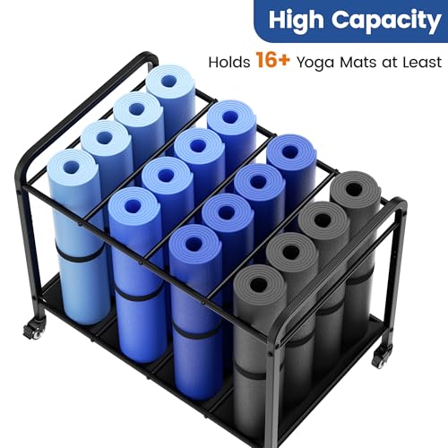 Black Yoga Mat Storage Rack Basket with Wheels, Floor-Standing Metal Yoga Mat Cart Workout Equipment for Foam Roller Dumbbells Kettlebells,in Gym,Fitness Classes, Yoga Studio & Home Gym - Image 3