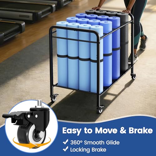 Black Yoga Mat Storage Rack Basket with Wheels, Floor-Standing Metal Yoga Mat Cart Workout Equipment for Foam Roller Dumbbells Kettlebells,in Gym,Fitness Classes, Yoga Studio & Home Gym - Image 4