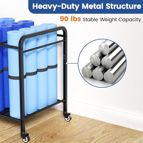 Black Yoga Mat Storage Rack Basket with Wheels, Floor-Standing Metal Yoga Mat Cart Workout Equipment for Foam Roller Dumbbells Kettlebells,in Gym,Fitness Classes, Yoga Studio & Home Gym - Image 5