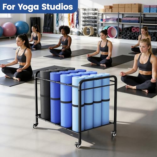 Black Yoga Mat Storage Rack Basket with Wheels, Floor-Standing Metal Yoga Mat Cart Workout Equipment for Foam Roller Dumbbells Kettlebells,in Gym,Fitness Classes, Yoga Studio & Home Gym - Image 7