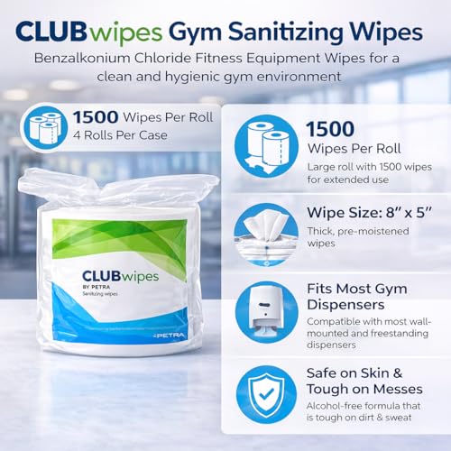 CLUBwipes Gym Equipment Wipes Refill Rolls – 6000 Bulk Sanitizing Wipes for Fitness Centers, Gyms & Wellness Facilities – Commercial Cleaning Wipes for Gym Equipment – 4 x 1500 Roll Refill Pack - Image 5