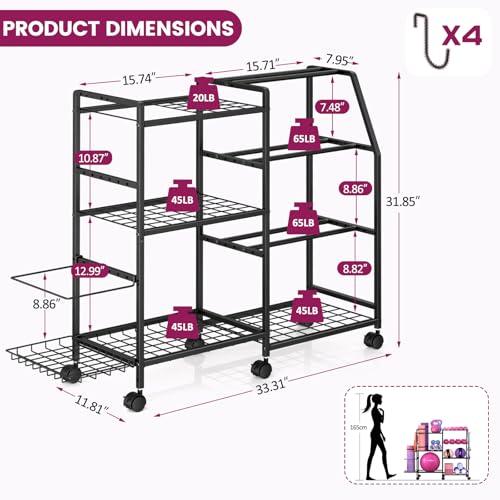 Dumbbell Rack, Weight Rack for Home Gym, Yoga Mat Storage Rack, Exercise Equipment Storage with Wheels and Hooks, Home Gym Equipment Organizer for Kettlebells - Image 3