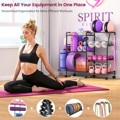 Dumbbell Rack, Weight Rack for Home Gym, Yoga Mat Storage Rack, Exercise Equipment Storage with Wheels and Hooks, Home Gym Equipment Organizer for Kettlebells - Image 4