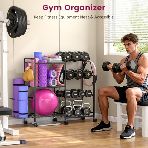 Dumbbell Rack, Weight Rack for Home Gym, Yoga Mat Storage Rack, Exercise Equipment Storage with Wheels and Hooks, Home Gym Equipment Organizer for Kettlebells - Image 5