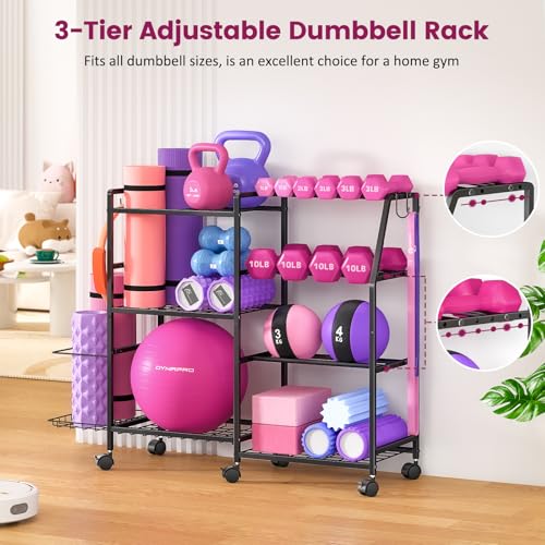 Dumbbell Rack, Weight Rack for Home Gym, Yoga Mat Storage Rack, Exercise Equipment Storage with Wheels and Hooks, Home Gym Equipment Organizer for Kettlebells - Image 6