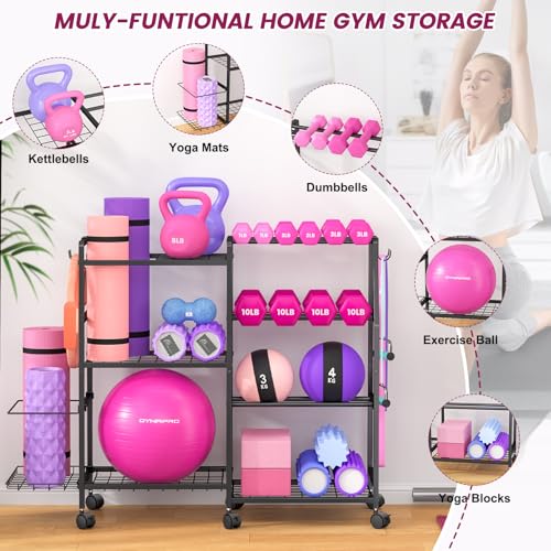 Dumbbell Rack, Weight Rack for Home Gym, Yoga Mat Storage Rack, Exercise Equipment Storage with Wheels and Hooks, Home Gym Equipment Organizer for Kettlebells - Image 7