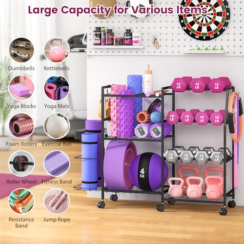 Dumbbell Rack, Weight Rack for Home Gym, Yoga Mat Storage Rack, Exercise Equipment Storage with Wheels and Hooks, Home Gym Equipment Organizer for Kettlebells - Image 8