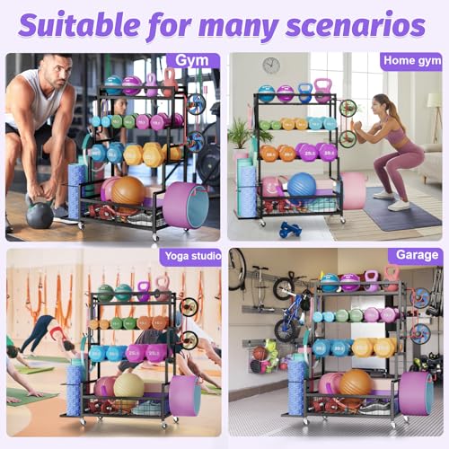 Dumbbell Rack,Home Gym Storage Rack,Total Weight Capacity 490 lbs,Weight Rack with Wheels/Strength Training Equipment Storage Rack with Hooks,Stores Dumbbells,Kettlebells,Yoga Mats - Image 3