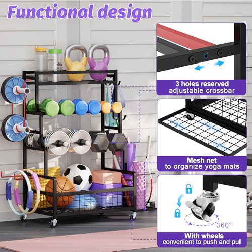 Dumbbell Rack,Home Gym Storage Rack,Total Weight Capacity 490 lbs,Weight Rack with Wheels/Strength Training Equipment Storage Rack with Hooks,Stores Dumbbells,Kettlebells,Yoga Mats - Image 4