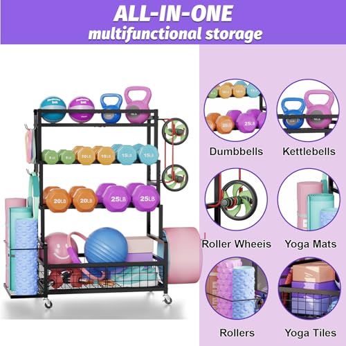 Dumbbell Rack,Home Gym Storage Rack,Total Weight Capacity 490 lbs,Weight Rack with Wheels/Strength Training Equipment Storage Rack with Hooks,Stores Dumbbells,Kettlebells,Yoga Mats - Image 5