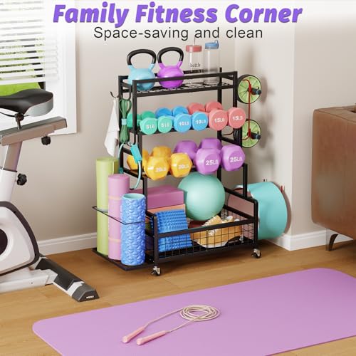 Dumbbell Rack,Home Gym Storage Rack,Total Weight Capacity 490 lbs,Weight Rack with Wheels/Strength Training Equipment Storage Rack with Hooks,Stores Dumbbells,Kettlebells,Yoga Mats - Image 6
