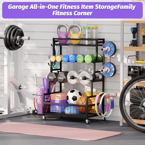 Dumbbell Rack,Home Gym Storage Rack,Total Weight Capacity 490 lbs,Weight Rack with Wheels/Strength Training Equipment Storage Rack with Hooks,Stores Dumbbells,Kettlebells,Yoga Mats - Image 7