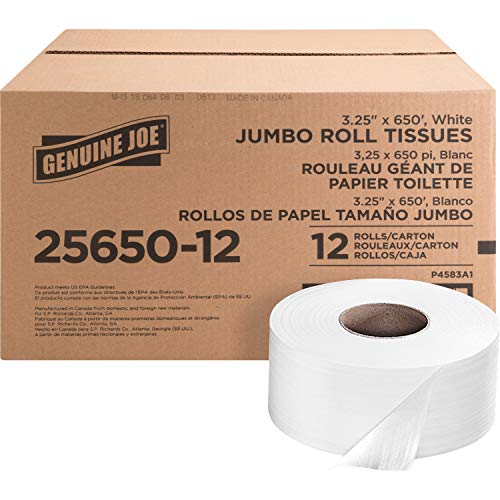 Genuine Joe Jumbo Roll Bath Tissue - 2-Ply White Toilet Paper, 3.3" x 650' per Roll, 12 Count Bulk Pack, Recycled Fiber, Commercial Grade for Dispensers - Image 3