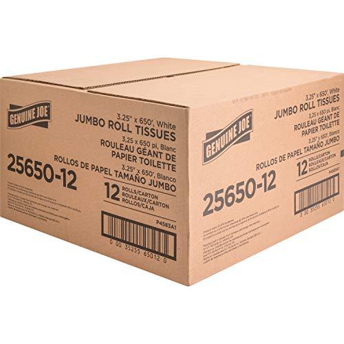 Genuine Joe Jumbo Roll Bath Tissue - 2-Ply White Toilet Paper, 3.3" x 650' per Roll, 12 Count Bulk Pack, Recycled Fiber, Commercial Grade for Dispensers - Image 4