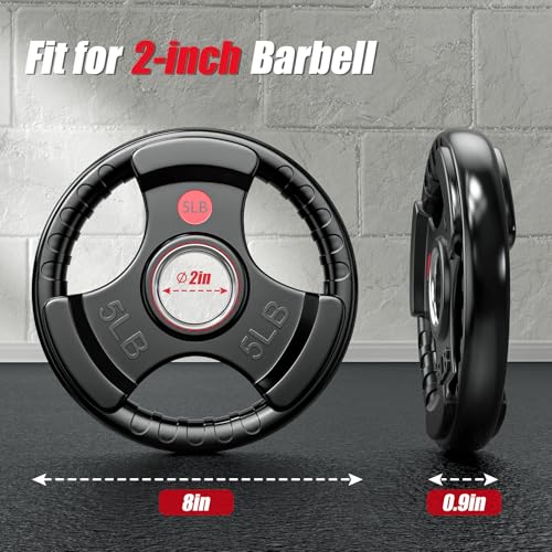 Gikpal Olympic Weight Plates, 2-Inch Three-Grip Rubber Coated Barbell Plates with Steel Hub, Cast Iron Weights for Strength Training & Home Gym, Pair or Sets (2.5–45LB) - Image 3