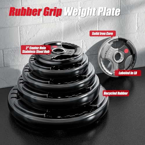 Gikpal Olympic Weight Plates, 2-Inch Three-Grip Rubber Coated Barbell Plates with Steel Hub, Cast Iron Weights for Strength Training & Home Gym, Pair or Sets (2.5–45LB) - Image 4