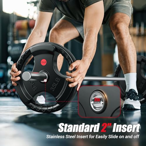Gikpal Olympic Weight Plates, 2-Inch Three-Grip Rubber Coated Barbell Plates with Steel Hub, Cast Iron Weights for Strength Training & Home Gym, Pair or Sets (2.5–45LB) - Image 6