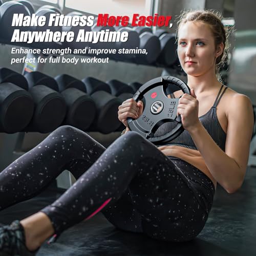 Gikpal Olympic Weight Plates, 2-Inch Three-Grip Rubber Coated Barbell Plates with Steel Hub, Cast Iron Weights for Strength Training & Home Gym, Pair or Sets (2.5–45LB) - Image 7