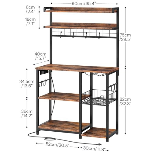 HOOBRO Bakers Rack with Power Outlet, Microwave Stand with 6 S-Shaped Hooks, 5 Tiers Coffee Bar with LED Light, Kitchen Storage Shelf with Wire Basket & Wine Holders, Rustic Brown and Black BF21UDHB01 - Image 3