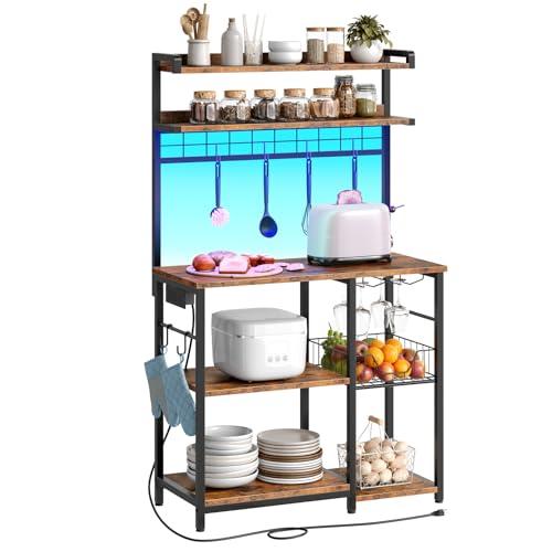 HOOBRO Bakers Rack with Power Outlet, Microwave Stand with 6 S-Shaped Hooks, 5 Tiers Coffee Bar with LED Light, Kitchen Storage Shelf with Wire Basket & Wine Holders, Rustic Brown and Black BF21UDHB01 - Image 4