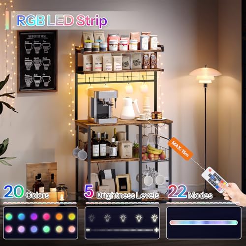 HOOBRO Bakers Rack with Power Outlet, Microwave Stand with 6 S-Shaped Hooks, 5 Tiers Coffee Bar with LED Light, Kitchen Storage Shelf with Wire Basket & Wine Holders, Rustic Brown and Black BF21UDHB01 - Image 5