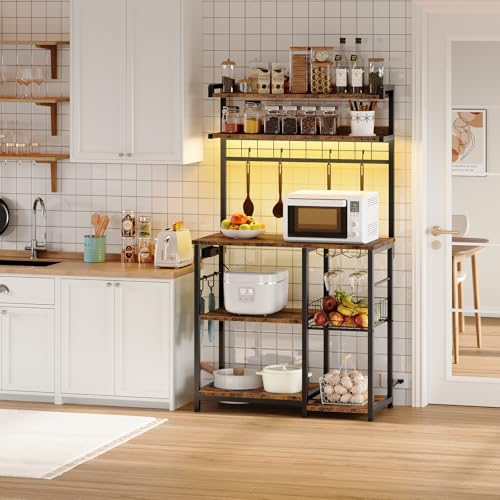 HOOBRO Bakers Rack with Power Outlet, Microwave Stand with 6 S-Shaped Hooks, 5 Tiers Coffee Bar with LED Light, Kitchen Storage Shelf with Wire Basket & Wine Holders, Rustic Brown and Black BF21UDHB01 - Image 6