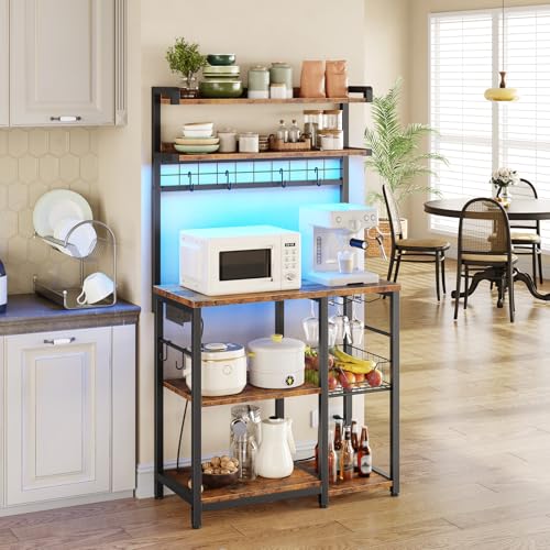 HOOBRO Bakers Rack with Power Outlet, Microwave Stand with 6 S-Shaped Hooks, 5 Tiers Coffee Bar with LED Light, Kitchen Storage Shelf with Wire Basket & Wine Holders, Rustic Brown and Black BF21UDHB01 - Image 7