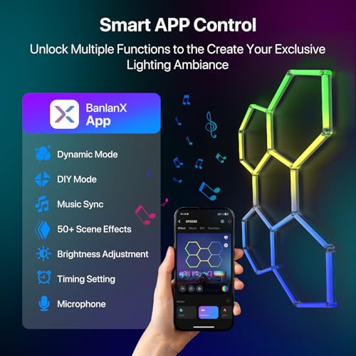 HYPERLITE Hexagon Garage Lights: 5 Grid RGB Hexagon LED Lights with Music Sync Mode, App & Remote Control, Multi-Color Honeycomb Light for Gaming Room, Gym, Garage - Image 3