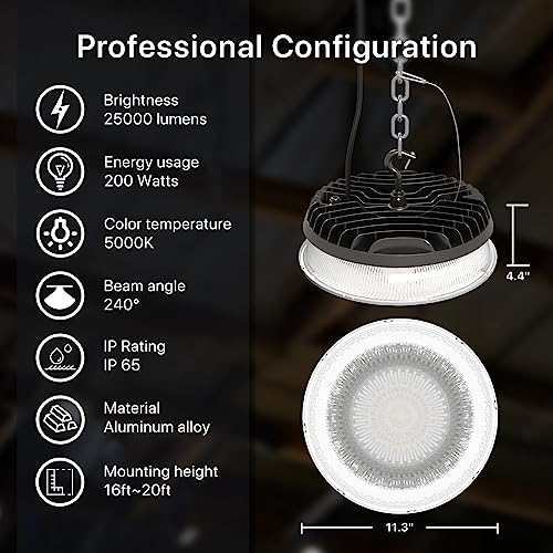 HYPERLITE UFO LED High Bay Light 200w 28000lm Shop Light 5000k Plug High Bay LED Lights for Commercial Bay Lighting 16-20ft Workshop Warehouse Factory Gym Barn ETL - Image 3