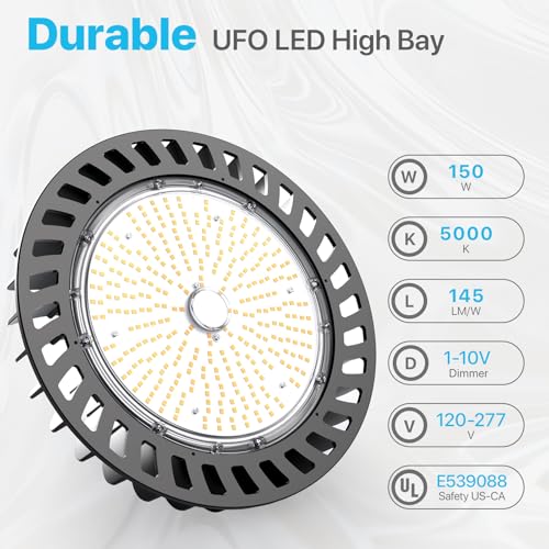HYPERLITE UFO Led High Bay Light 150W 21,750lm 5000K 1-10V Dimmable High Bay Led Lights UL Listed US Hook 5' Cable Led High Bay Lights Alternative to 650W MH/HPS for Gym Factory Warehouse - Image 3