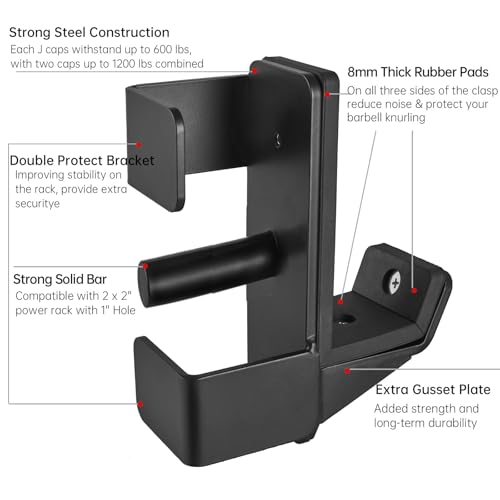 J Hooks for 2" x 2" Power Rack, Rubber Pad J-Hook for Power Cage, Bottom Reinforced Steel J Cups for Squat Rack, Heavy Duty Barbell Holder, Black - Image 4