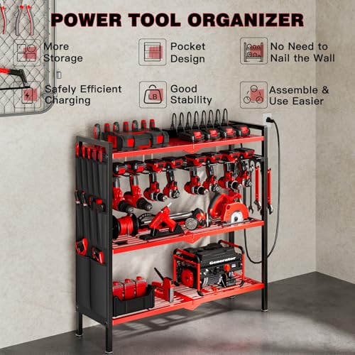 Large Power Tool Organizer Cart with Charging Station 8 Drill Holder Garage Storage Standing Heavy Duty and Stability Storage Rack Utility Tool Shelf (Red) - Image 4