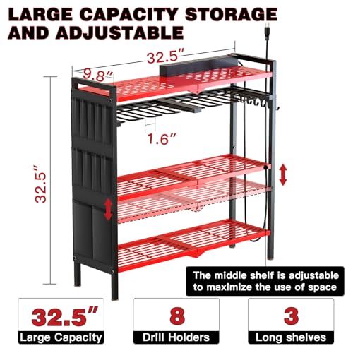 Large Power Tool Organizer Cart with Charging Station 8 Drill Holder Garage Storage Standing Heavy Duty and Stability Storage Rack Utility Tool Shelf (Red) - Image 5
