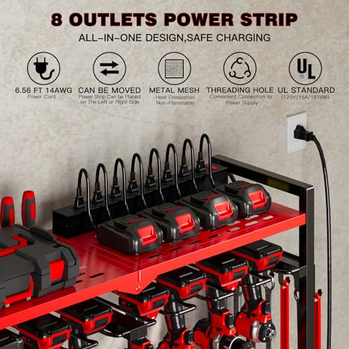 Large Power Tool Organizer Cart with Charging Station 8 Drill Holder Garage Storage Standing Heavy Duty and Stability Storage Rack Utility Tool Shelf (Red) - Image 6