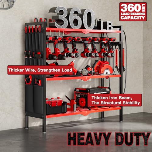 Large Power Tool Organizer Cart with Charging Station 8 Drill Holder Garage Storage Standing Heavy Duty and Stability Storage Rack Utility Tool Shelf (Red) - Image 7