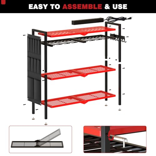 Large Power Tool Organizer Cart with Charging Station 8 Drill Holder Garage Storage Standing Heavy Duty and Stability Storage Rack Utility Tool Shelf (Red) - Image 8