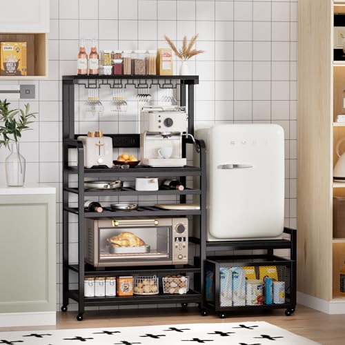 Mini Fridge Stand with Power Outlet, Microwave Stand with Wine Rack, Coffee bar with Removable Storage Baskets, Suitable for Dorm, Kitchen, Dining Area, Black - Image 3