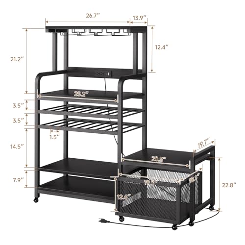 Mini Fridge Stand with Power Outlet, Microwave Stand with Wine Rack, Coffee bar with Removable Storage Baskets, Suitable for Dorm, Kitchen, Dining Area, Black - Image 4
