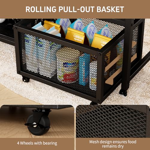 Mini Fridge Stand with Power Outlet, Microwave Stand with Wine Rack, Coffee bar with Removable Storage Baskets, Suitable for Dorm, Kitchen, Dining Area, Black - Image 7