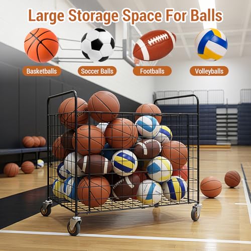 MyGift Professional Gym Metal Multi Sports Ball Storage Cart with Jumbo Industrial Wheels, Commercial Grade Portable Equipment Locker Cage for Basketball, Football, Soccer, Volleyball - Image 3