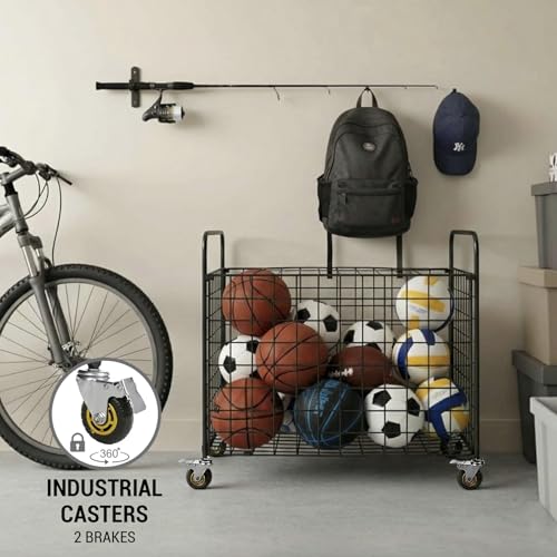 MyGift Professional Gym Metal Multi Sports Ball Storage Cart with Jumbo Industrial Wheels, Commercial Grade Portable Equipment Locker Cage for Basketball, Football, Soccer, Volleyball - Image 4