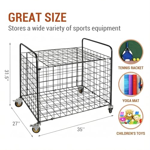 MyGift Professional Gym Metal Multi Sports Ball Storage Cart with Jumbo Industrial Wheels, Commercial Grade Portable Equipment Locker Cage for Basketball, Football, Soccer, Volleyball - Image 5