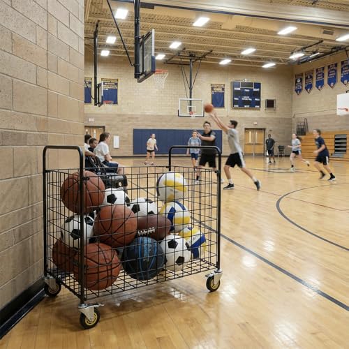 MyGift Professional Gym Metal Multi Sports Ball Storage Cart with Jumbo Industrial Wheels, Commercial Grade Portable Equipment Locker Cage for Basketball, Football, Soccer, Volleyball - Image 8