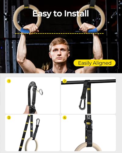 PACEARTH Gymnastics Rings 32mm Wooden Olympic Rings Support 1500lbs Locked Carabiners 9ft Double-Layer Numbered Straps Non-Slip Gym Rings with Foot Straps Door Anchor for Home Gym Full Body Workout - Image 4