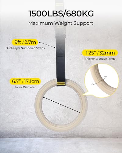 PACEARTH Gymnastics Rings 32mm Wooden Olympic Rings Support 1500lbs Locked Carabiners 9ft Double-Layer Numbered Straps Non-Slip Gym Rings with Foot Straps Door Anchor for Home Gym Full Body Workout - Image 5