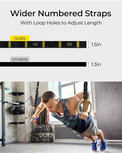 PACEARTH Gymnastics Rings 32mm Wooden Olympic Rings Support 1500lbs Locked Carabiners 9ft Double-Layer Numbered Straps Non-Slip Gym Rings with Foot Straps Door Anchor for Home Gym Full Body Workout - Image 6