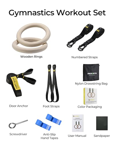 PACEARTH Gymnastics Rings 32mm Wooden Olympic Rings Support 1500lbs Locked Carabiners 9ft Double-Layer Numbered Straps Non-Slip Gym Rings with Foot Straps Door Anchor for Home Gym Full Body Workout - Image 7