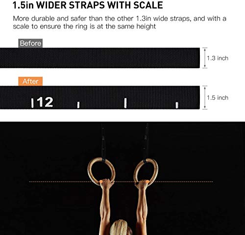 PACEARTH Gymnastics Rings Wooden Olympic Rings 1500/1000lbs with Adjustable Cam Buckle 14.76ft/9ft Long Straps with Scale Non-Slip Gym Rings for Home Gym Full Body Workout - Image 3